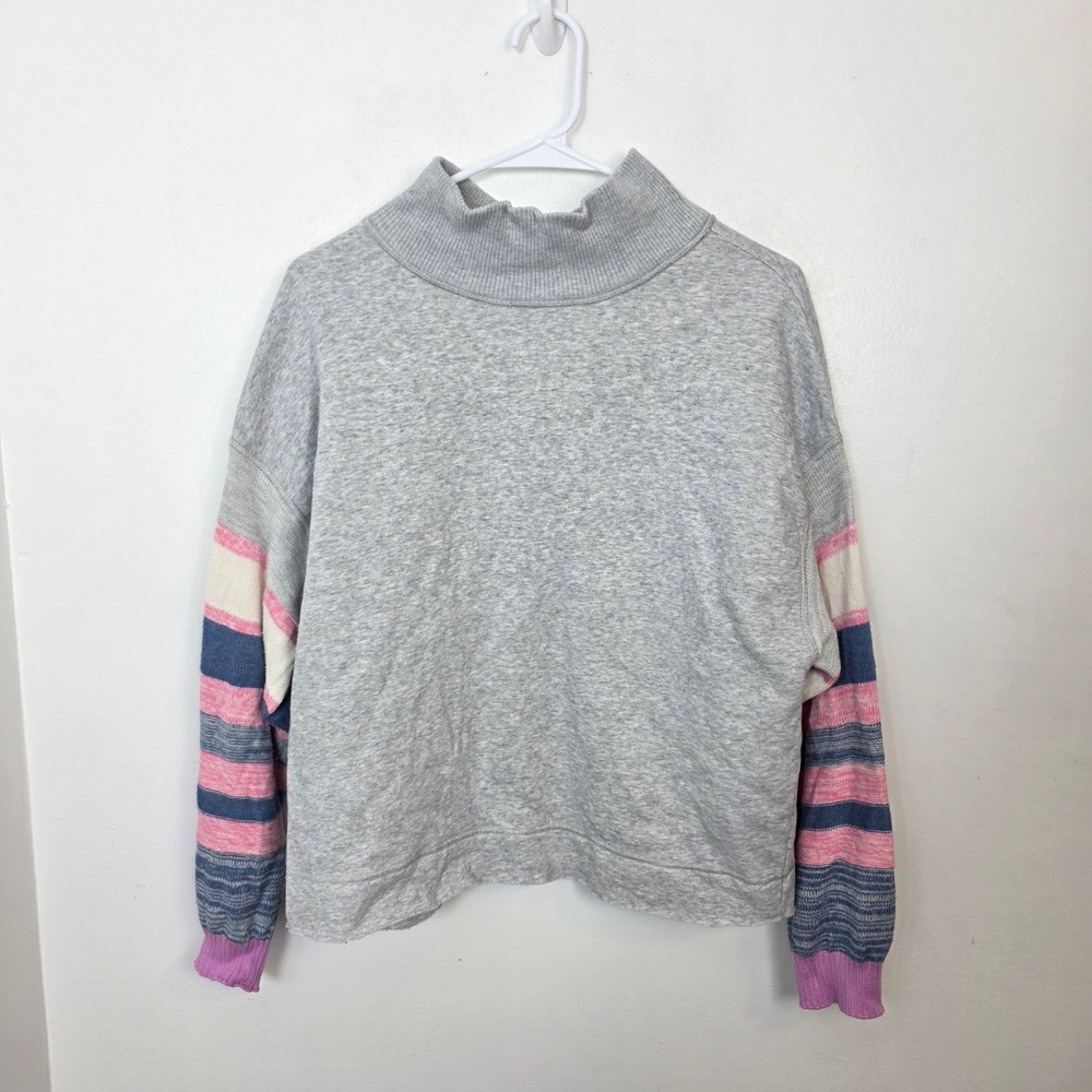 Sundance Gray Blue Pink Striped Sleeve Lounge‎ Boxy Mock Neck Comfy Sweater XS